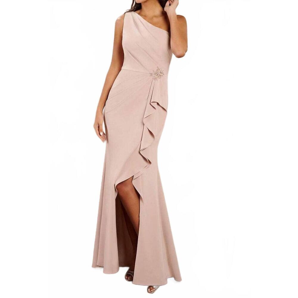 NEW CHRISTINA WU ruffle slit one shoulder dress in sand